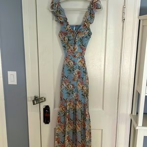 Light blue floral backless cutout maxi/midi dress. Great wedding guest dress